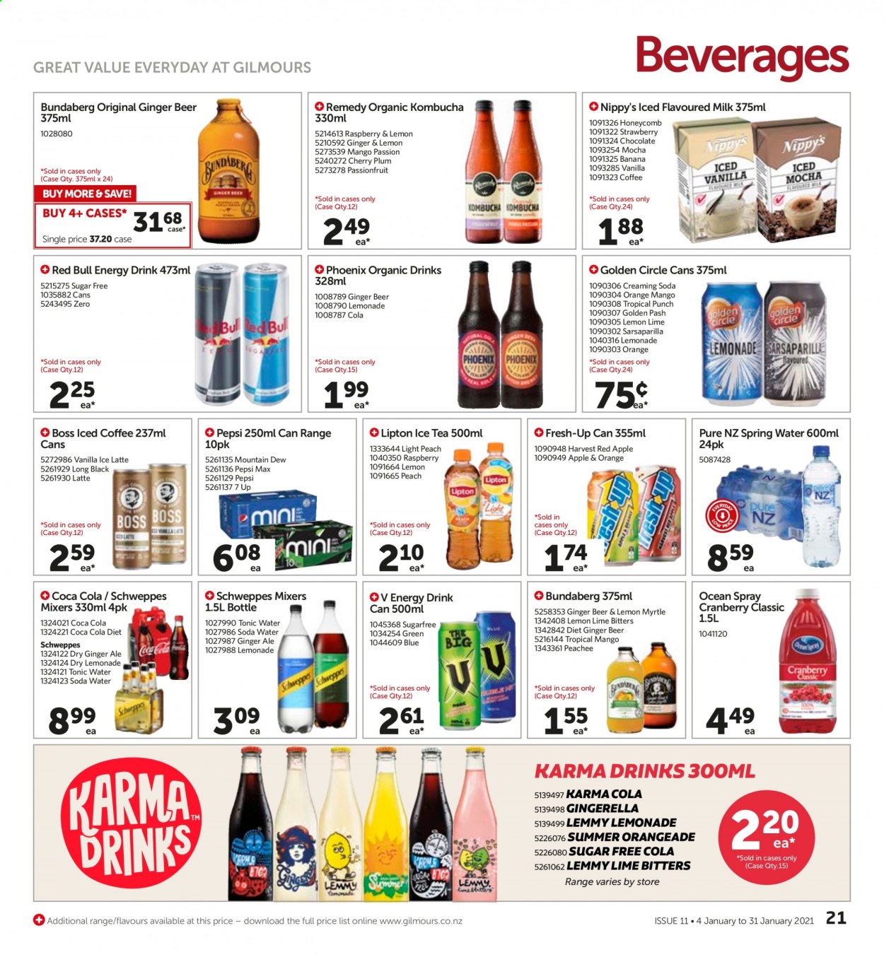 thumbnail - Gilmours mailer - 04.01.2021 - 31.01.2021 - Sales products - ginger beer, mango, milk, flavoured milk, chocolate, Coca-Cola, ginger ale, lemonade, Mountain Dew, Schweppes, Pepsi, soda, energy drink, Lipton, tonic, Pepsi Max, 7UP, Red Bull, spring water, iced coffee, kombucha, Bundaberg, tea, punch, beer. Page 21.