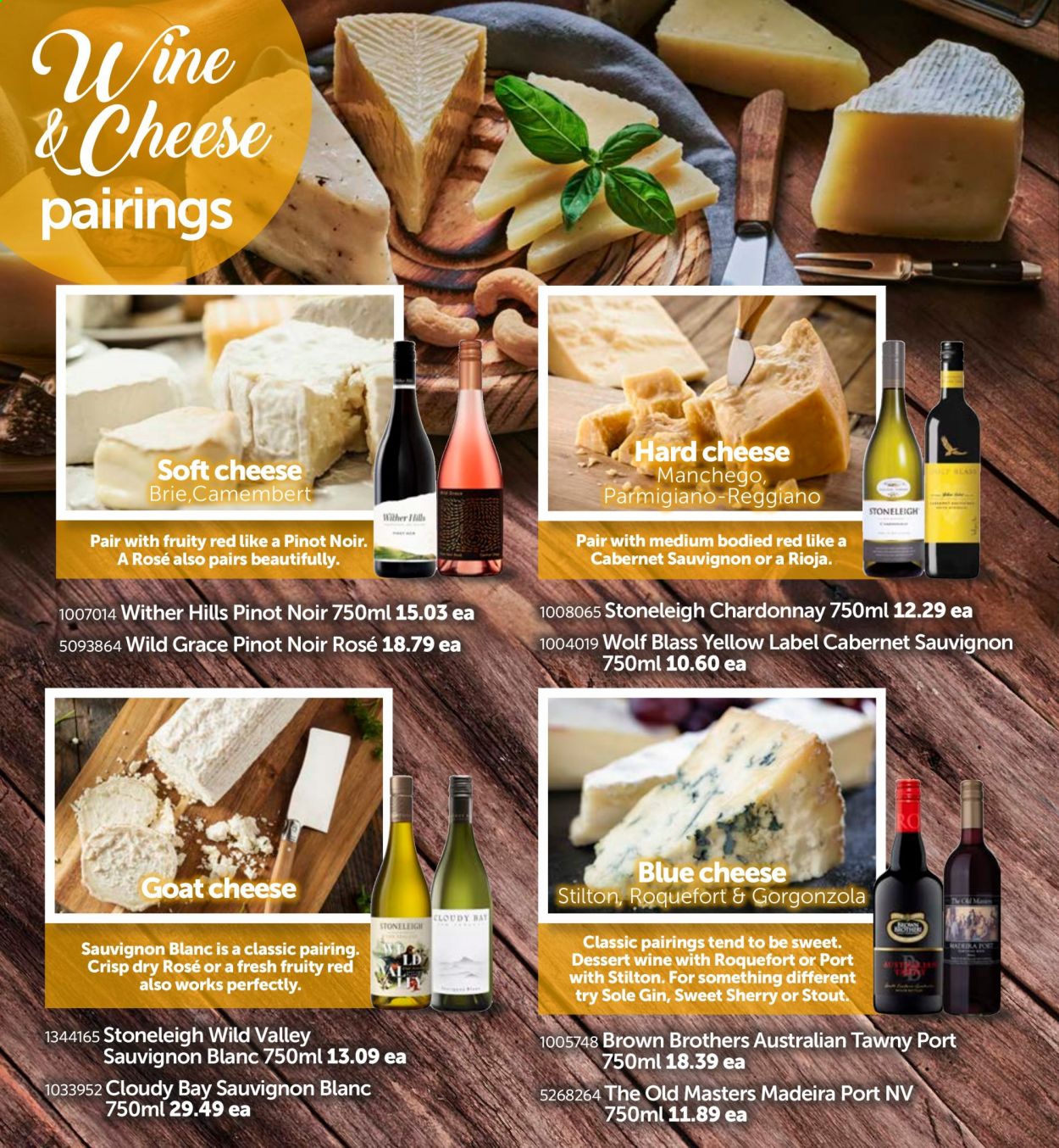 thumbnail - Gilmours mailer - 04.01.2021 - 31.01.2021 - Sales products - blue cheese, camembert, goat cheese, Manchego, soft cheese, Stilton, cheese, brie, gorgonzola, Parmigiano Reggiano, Cabernet Sauvignon, dessert wine, Chardonnay, wine, Pinot Noir, Wither Hills, Sauvignon Blanc, gin, sherry, BROTHERS. Page 22.