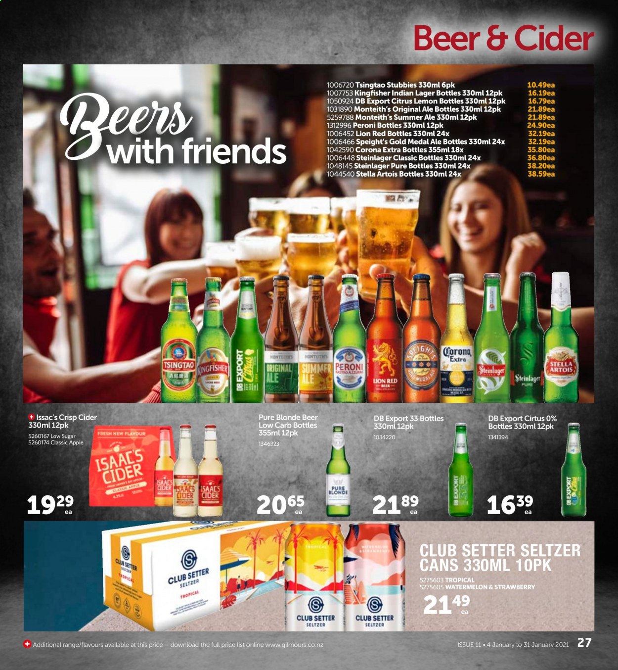 thumbnail - Gilmours mailer - 04.01.2021 - 31.01.2021 - Sales products - Stella Artois, watermelon, sugar, seltzer water, Corona Extra, Steinlager, Peroni, Lager. Page 27.