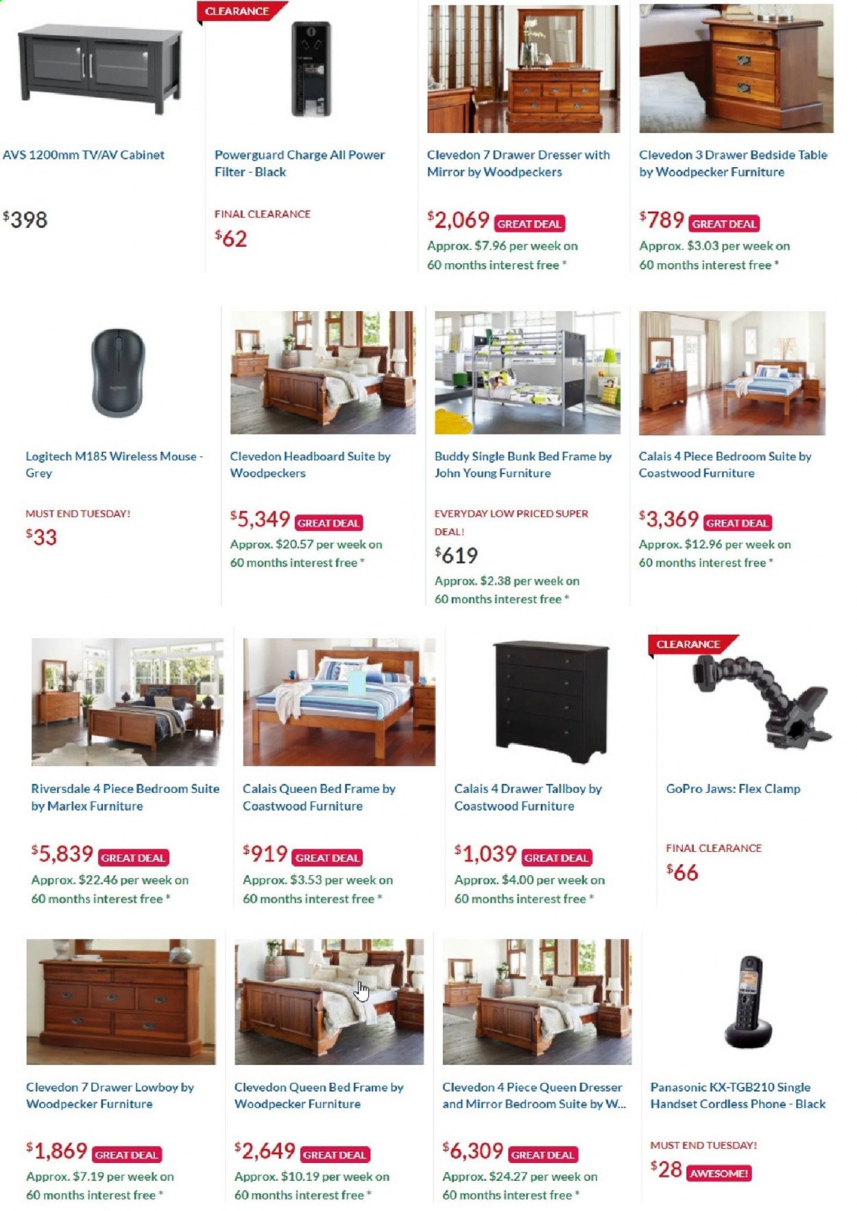 thumbnail - Harvey Norman mailer - Sales products - cabinet, table, bedroom suite, queen bed, bed, headboard, bed frame, dresser, bedside table, mirror, Panasonic, phone, Logitech, mouse, GoPro, TV. Page 2.