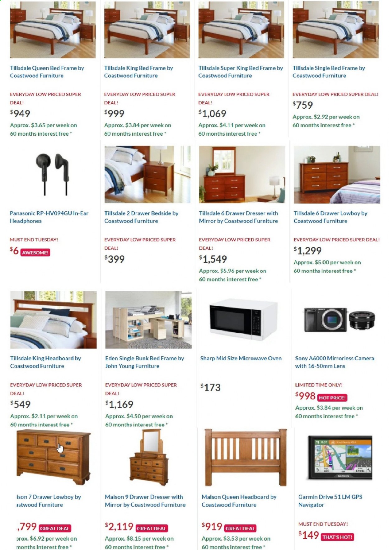 thumbnail - Harvey Norman mailer - Sales products - king bed, queen bed, single bed, bed, headboard, bed frame, dresser, mirror, Sony, Panasonic, Garmin, camera, mirrorless camera, lens, Sharp, headphones, oven, microwave. Page 3.