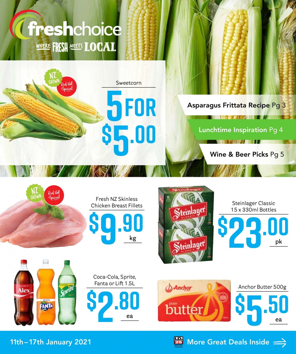 thumbnail - Fresh Choice mailer - 11.01.2021 - 17.01.2021 - Sales products - asparagus, butter, Coca-Cola, Sprite, Fanta, wine, beer, Steinlager, chicken breasts, Anchor. Page 1.