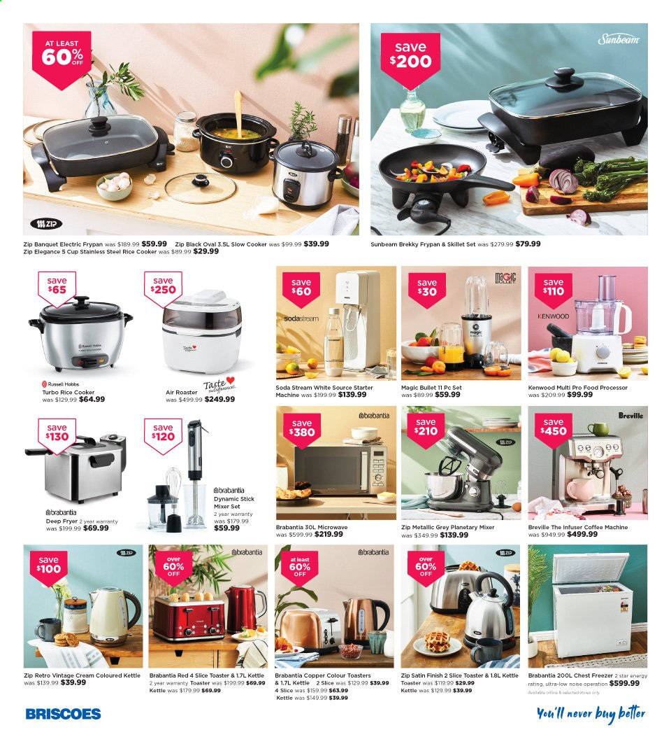 thumbnail - Briscoes mailer - 09.01.2021 - 17.01.2021 - Sales products - Brabantia, SodaStream, cup, frying pan, satin sheets, Sunbeam, microwave, coffee machine, deep fryer, mixer, slow cooker, Kenwood, Russell Hobbs, food processor, rice cooker, electric frypan, roaster, toaster, kettle. Page 4.