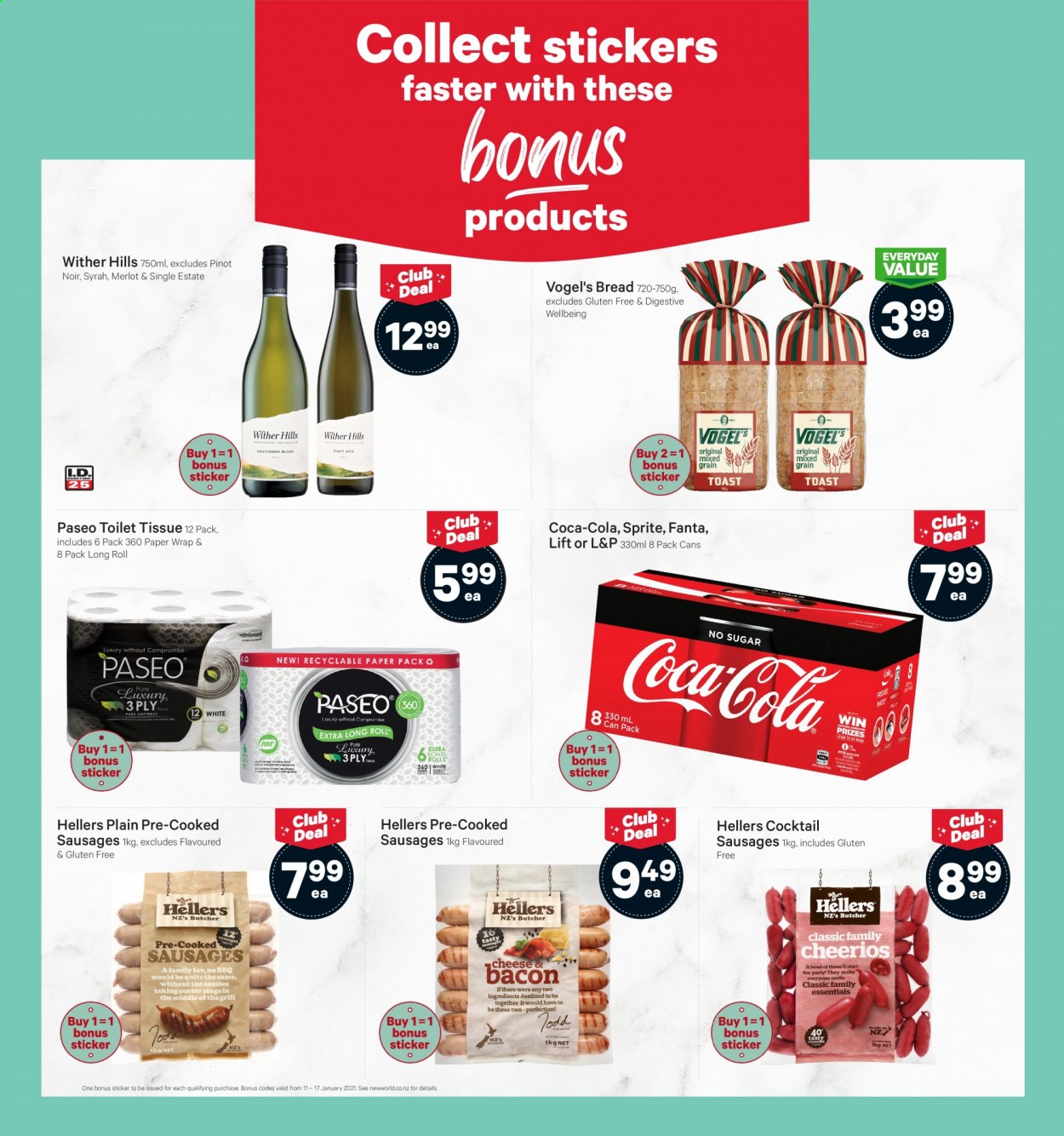 thumbnail - New World mailer - 11.01.2021 - 17.01.2021 - Sales products - bread, toast bread, sausage, Digestive, Cheerios, Coca-Cola, Sprite, Fanta, L&P, Merlot, Wither Hills, Syrah, Sauvignon Blanc, toilet paper, tissues, paper. Page 4.