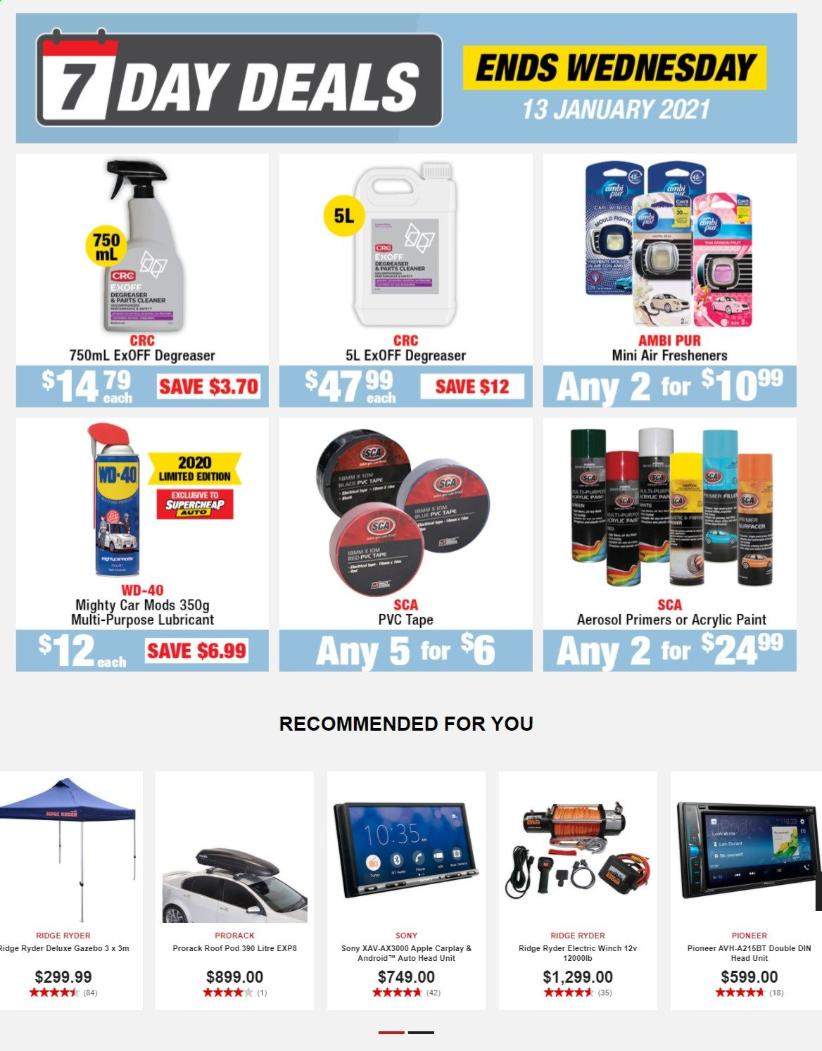 thumbnail - SuperCheap Auto mailer - 11.01.2021 - 13.01.2021 - Sales products - Sony, Pioneer, Apple, lubricant, WD-40, winch, Ridge Ryder, degreaser, air freshener, cleaner, paint. Page 1.