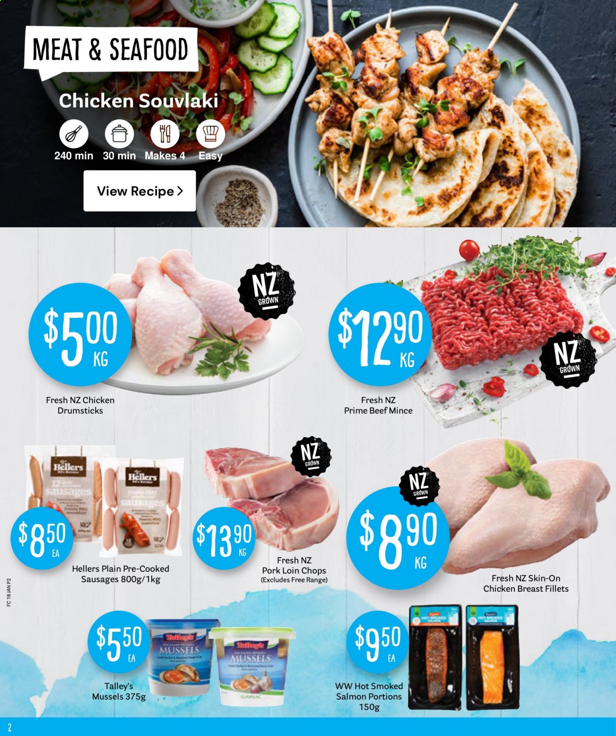 thumbnail - Fresh Choice mailer - 18.01.2021 - 24.01.2021 - Sales products - mussels, salmon, smoked salmon, seafood, sausage, chicken breasts, chicken drumsticks, pork loin. Page 2.