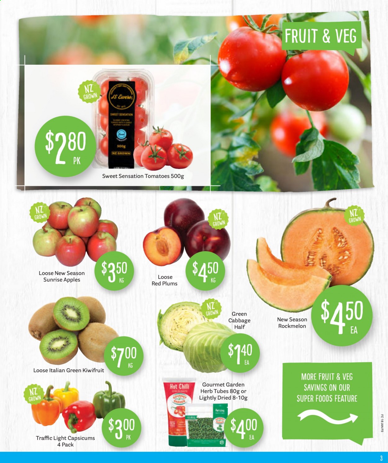 thumbnail - Fresh Choice mailer - 18.01.2021 - 24.01.2021 - Sales products - plums, red plums, tomatoes, rockmelon, capsicum, kiwi, apples, herbs. Page 3.