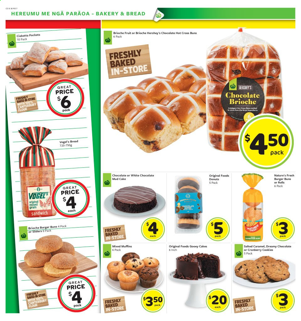 thumbnail - Countdown mailer - 18.01.2021 - 24.01.2021 - Sales products - Canterbury, bread, ciabatta, burger buns, brioche, cake, donut, muffin, sandwich, Hershey's, cookies, white chocolate, chocolate, flour. Page 16.