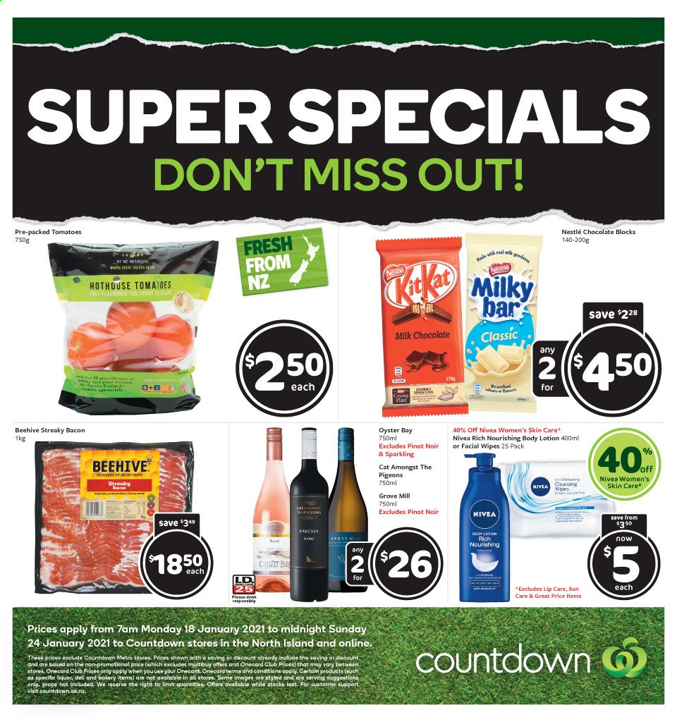 thumbnail - Countdown mailer - 18.01.2021 - 24.01.2021 - Sales products - tomatoes, bacon, streaky bacon, milk chocolate, Nestlé, chocolate, milky bar, wine, Pinot Noir, liquor, cleansing wipes, Nivea, wipes, body lotion. Page 2.