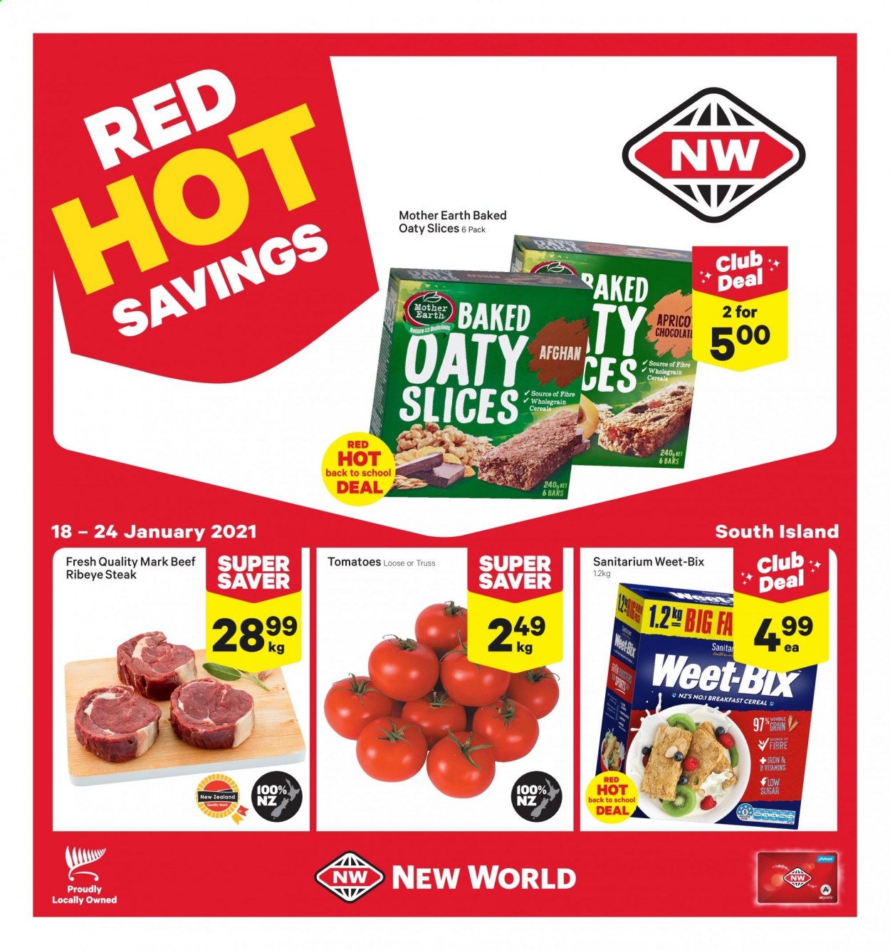 thumbnail - New World mailer - 18.01.2021 - 24.01.2021 - Sales products - tomatoes, Mother Earth, sugar, cereals, Weet-Bix, beef steak, steak, ribeye steak. Page 1.