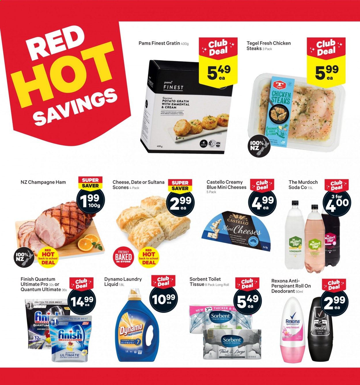 thumbnail - New World mailer - 18.01.2021 - 24.01.2021 - Sales products - ham, cheese, snack, rosemary, lemonade, soda, champagne, steak, toilet paper, tissues, anti-perspirant, Rexona, roll-on, deodorant, laundry detergent. Page 3.