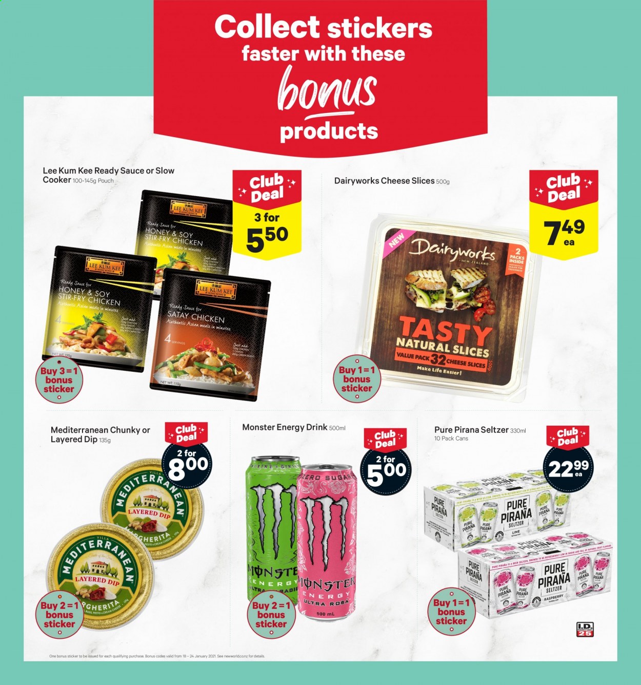 thumbnail - New World mailer - 18.01.2021 - 24.01.2021 - Sales products - onion, capsicum, cream cheese, sliced cheese, cheese, dip, esponja, pesto, Lee Kum Kee, honey, energy drink, Monster, Monster Energy, seltzer water, Pure Piraña, beer. Page 4.