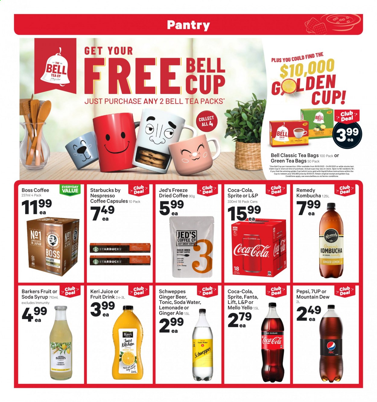 thumbnail - New World mailer - 18.01.2021 - 24.01.2021 - Sales products - ginger beer, syrup, Coca-Cola, ginger ale, lemonade, Mountain Dew, Schweppes, Sprite, Pepsi, soda, juice, Fanta, fruit drink, tonic, 7UP, L&P, kombucha, green tea, tea bags, coffee, Nespresso, coffee capsules, Starbucks, beer, Keri, cup. Page 11.