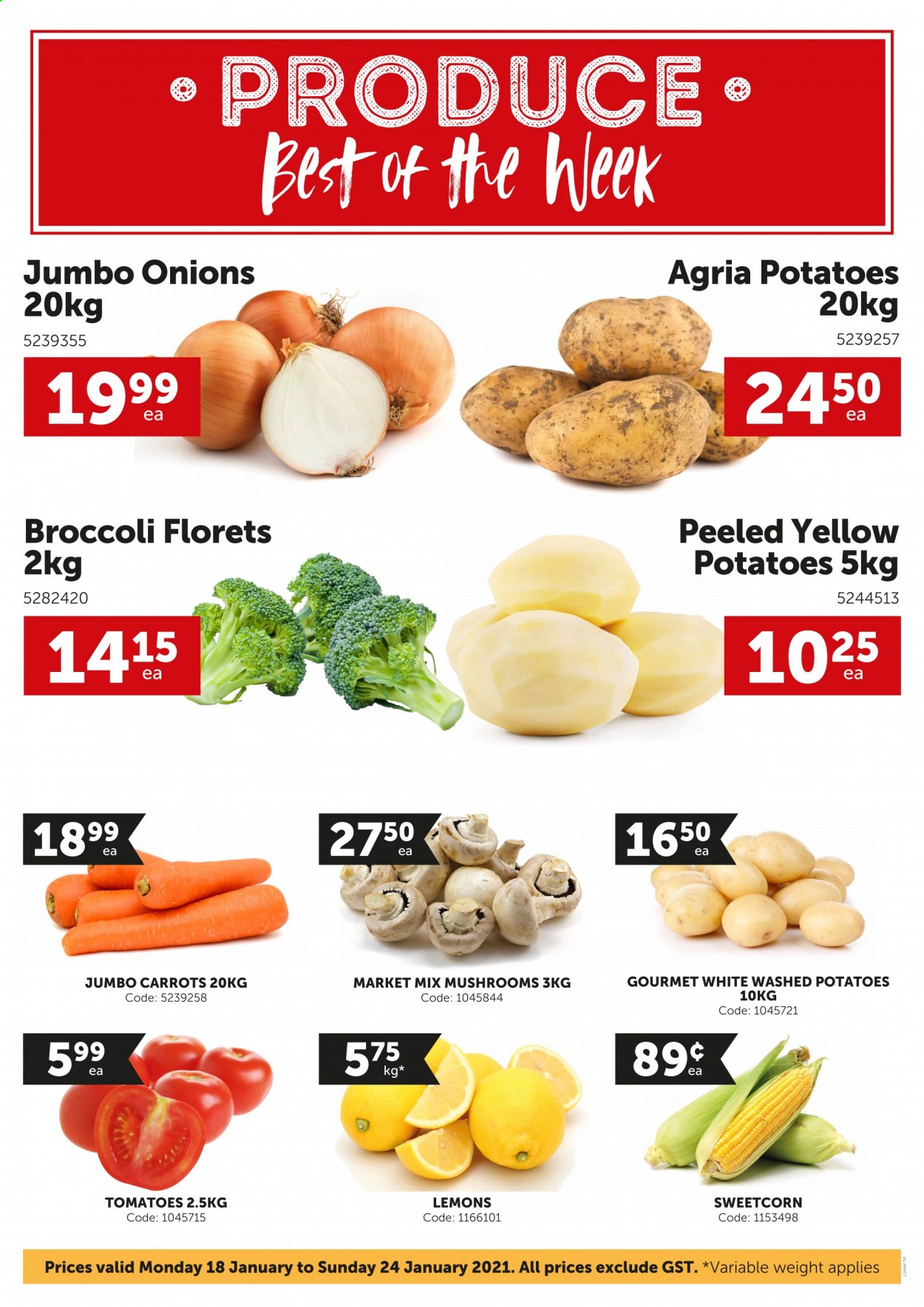 thumbnail - Gilmours mailer - 18.01.2021 - 24.01.2021 - Sales products - mushrooms, broccoli, carrots, tomatoes, potatoes, onion, lemons. Page 1.