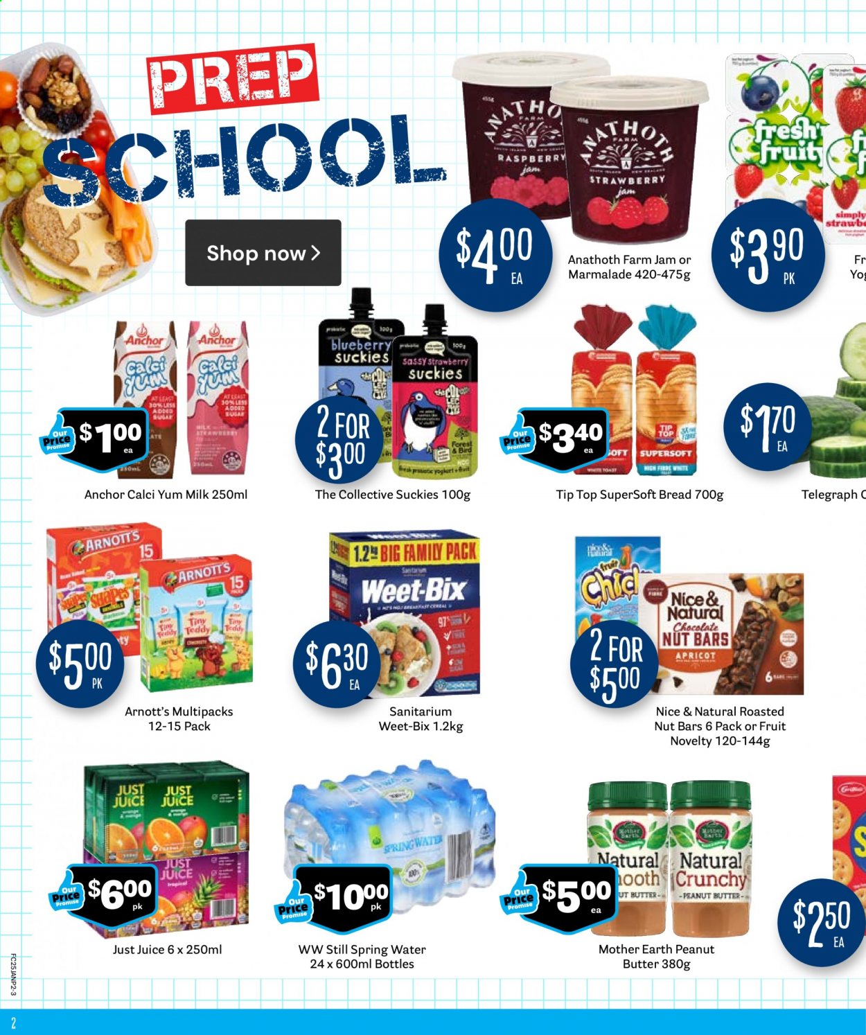 thumbnail - Fresh Choice mailer - 25.01.2021 - 31.01.2021 - Sales products - bread, milk, Mother Earth, strawberry jam, Weet-Bix, nut bar, raspberry jam, fruit jam, peanut butter, juice, spring water, Anchor. Page 2.