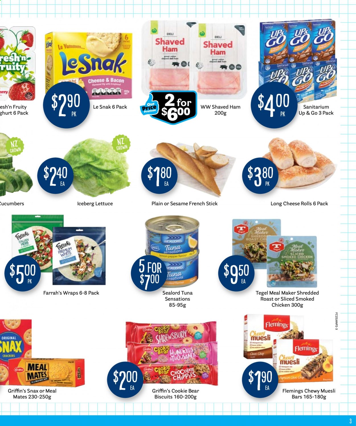 thumbnail - Fresh Choice mailer - 25.01.2021 - 31.01.2021 - Sales products - lettuce, tuna, Sealord, bacon, ham, chocolate, crackers, biscuit, Griffin's, Le Snak, cucumber, sealord tuna, muesli bar, muesli, pepper, herbs. Page 3.