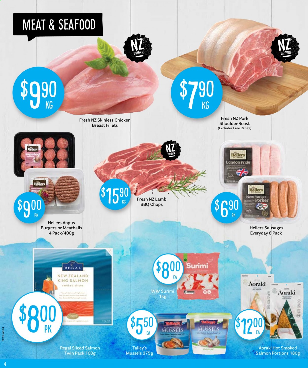 thumbnail - Fresh Choice mailer - 25.01.2021 - 31.01.2021 - Sales products - garlic, mussels, salmon, seafood, Regal Angelfish, meatballs, hamburger, sausage, chicken breasts, pork roast, pork shoulder, lamb meat. Page 4.