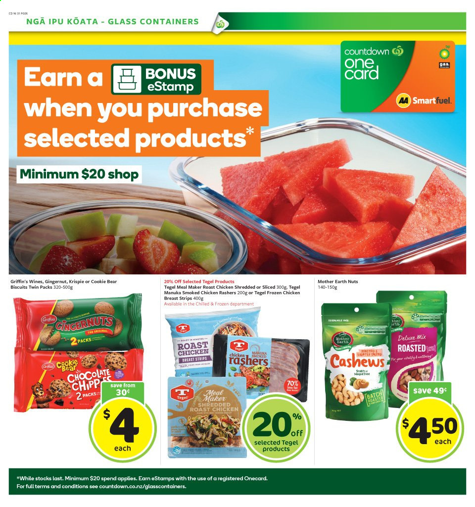 thumbnail - Countdown mailer - 25.01.2021 - 31.01.2021 - Sales products - chicken roast, strips, chocolate, biscuit, Griffin's, Mother Earth, cashews, wine, chicken breasts, Manuka Honey. Page 4.