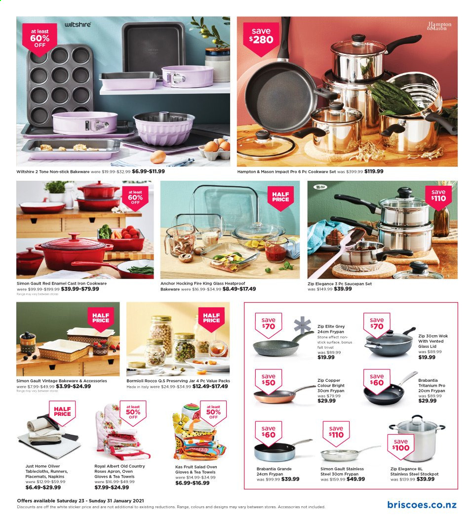 thumbnail - Briscoes mailer - 23.01.2021 - 31.01.2021 - Sales products - Brabantia, cookware set, lid, wok, saucepan, stockpot, bakeware, Hampton & Mason, frying pan, tea towels, towel, oven. Page 3.