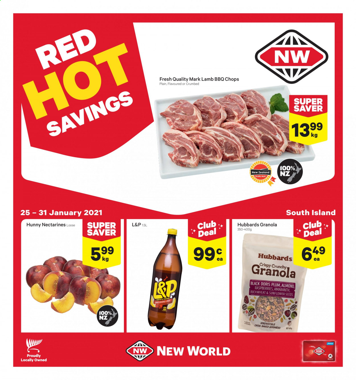 thumbnail - New World mailer - 25.01.2021 - 31.01.2021 - Sales products - raspberries, nectarines, buckwheat, granola, almonds, sunflower seeds, L&P, lamb meat. Page 1.