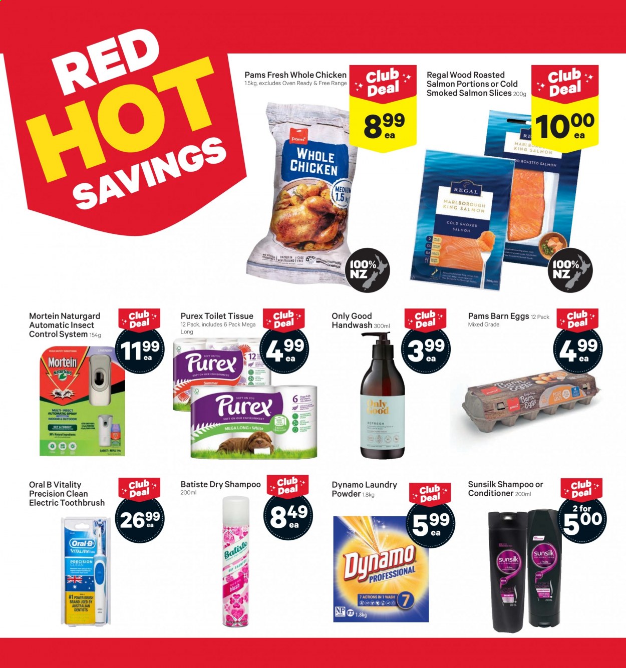 thumbnail - New World mailer - 25.01.2021 - 31.01.2021 - Sales products - salmon, smoked salmon, Regal Angelfish, eggs, whole chicken, toilet paper, tissues, shampoo, hand wash, Sunsilk, toothbrush, Oral-B, conditioner, laundry powder, Mortein. Page 3.