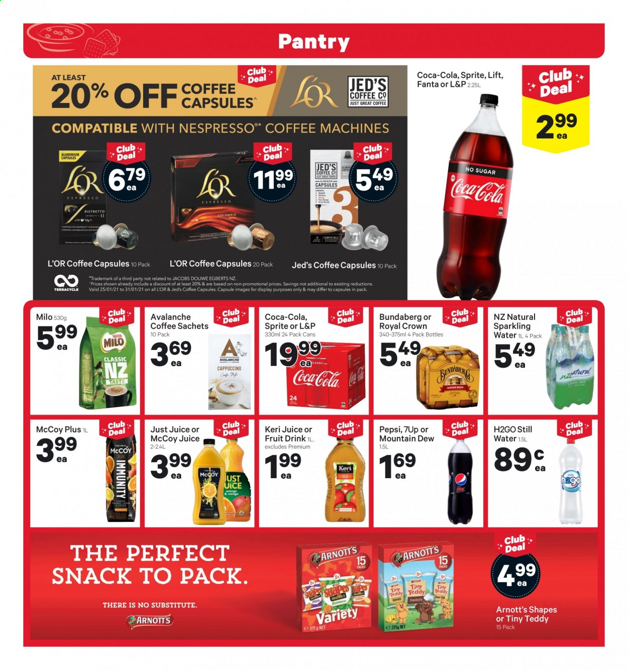 thumbnail - New World mailer - 25.01.2021 - 31.01.2021 - Sales products - Milo, snack, Mountain Dew, Sprite, Pepsi, juice, Fanta, fruit drink, Royal Crown, 7UP, L&P, mineral water, sparkling water, Bundaberg, coffee, Jacobs, Nespresso, Douwe Egberts, coffee capsules, L'Or, Keri. Page 10.