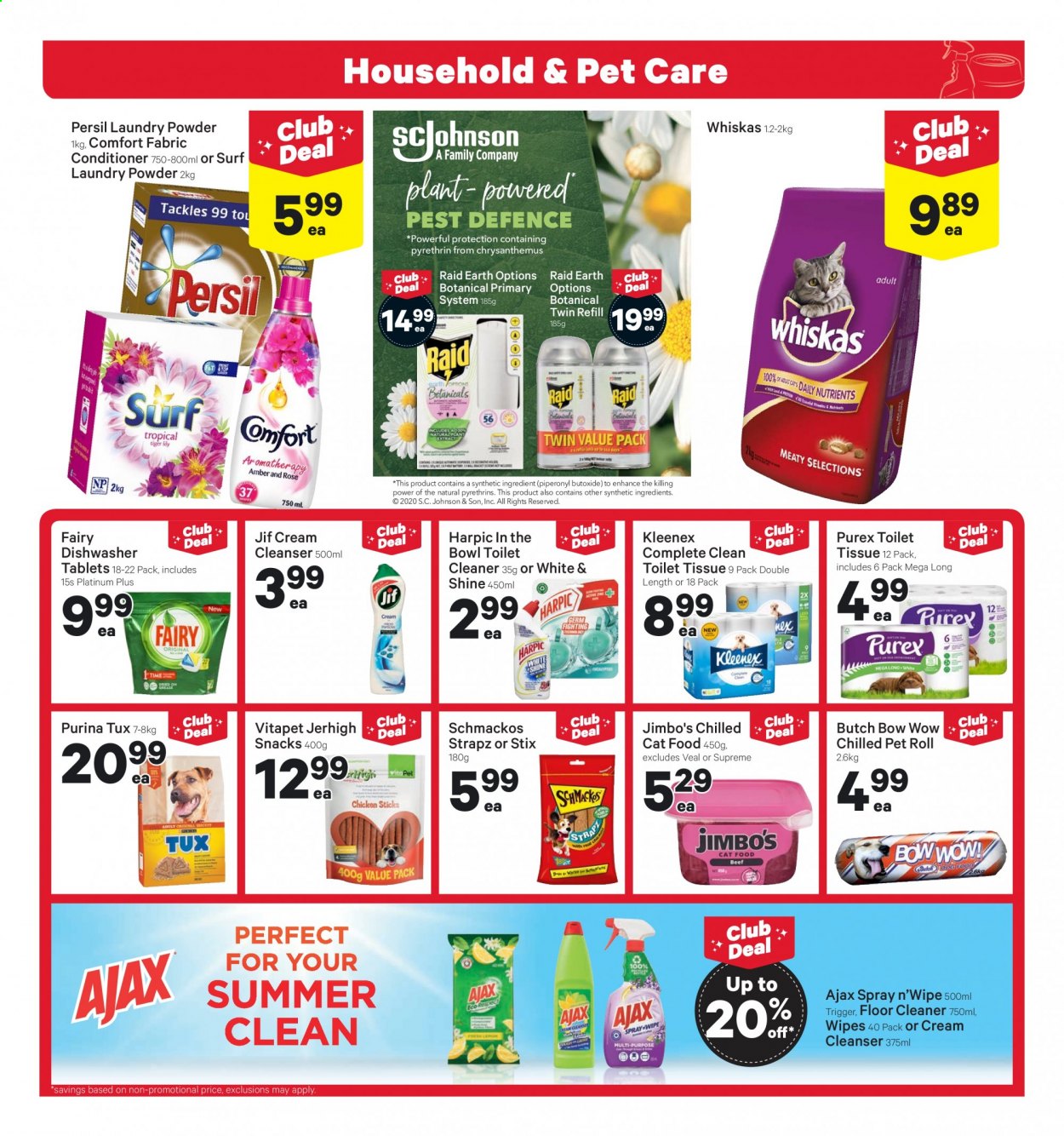 thumbnail - New World mailer - 25.01.2021 - 31.01.2021 - Sales products - snack, Jif, veal meat, Johnson's, Kleenex, toilet paper, tissues, cleanser, conditioner, Whiskas, cleaner, laundry powder, floor cleaner, toilet cleaner. Page 13.