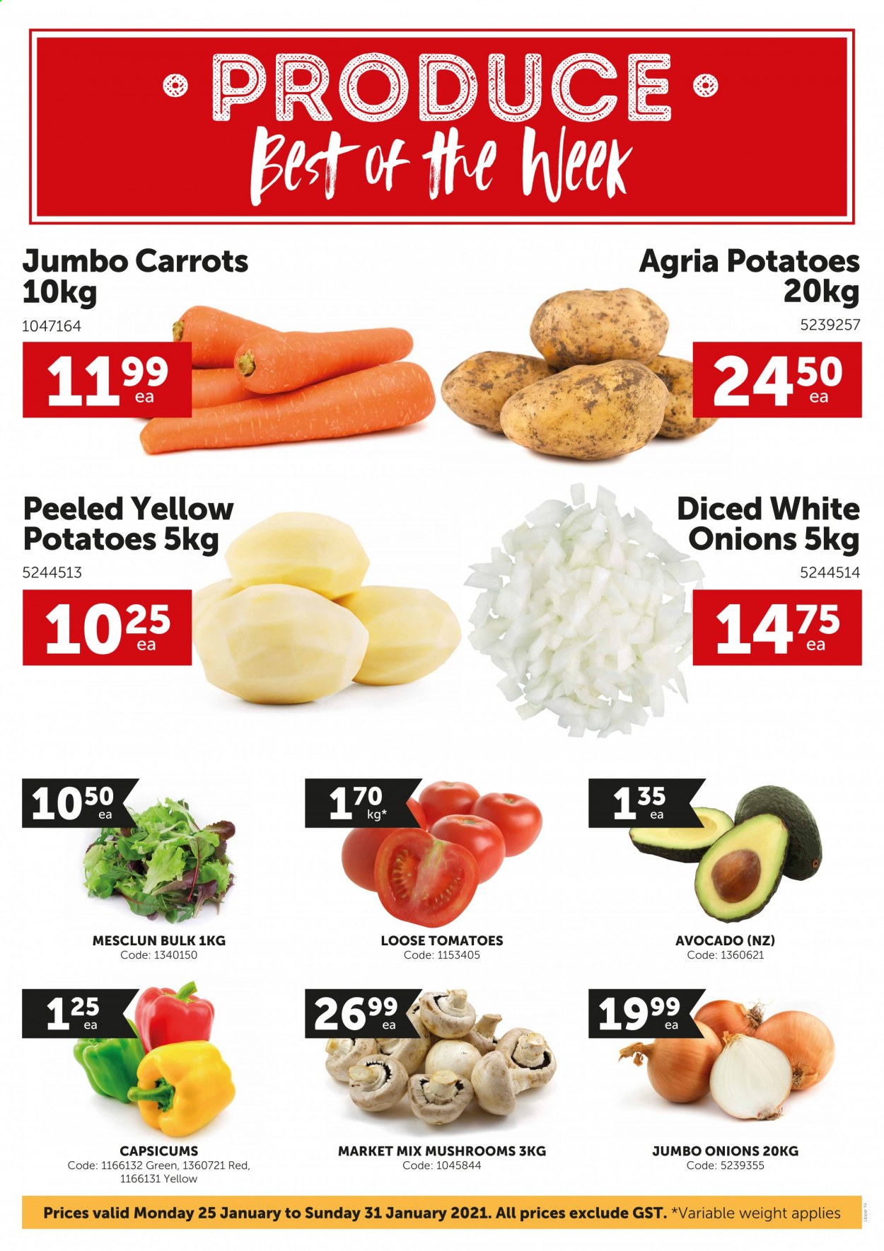 thumbnail - Gilmours mailer - 25.01.2021 - 31.01.2021 - Sales products - mushrooms, carrots, tomatoes, potatoes, onion, capsicum, mesclun, avocado. Page 1.