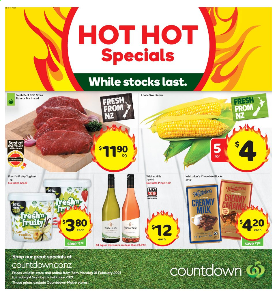 thumbnail - Countdown mailer - 01.02.2021 - 07.02.2021 - Sales products - yoghurt, Fresh'n Fruity, milk, chocolate, Whittaker's, wine, Pinot Noir, Wither Hills, steak, lamb meat, Hill's. Page 1.