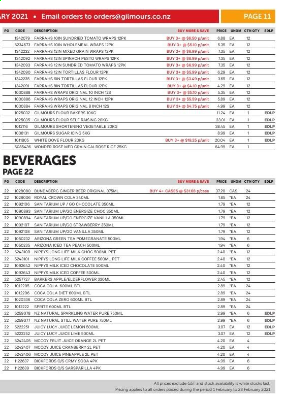thumbnail - Gilmours mailer - 01.02.2021 - 28.02.2021 - Sales products - ginger beer, tortillas, spinach, pineapple, oranges, pomegranate, long life milk, chocolate, flour, shortening, sugar, rice, pesto, dried tomatoes, Sprite, soda, juice, fruit juice, Coca-Cola zero, Royal Crown, AriZona, mineral water, sparkling water, iced coffee, Bundaberg, green tea, beer. Page 22.