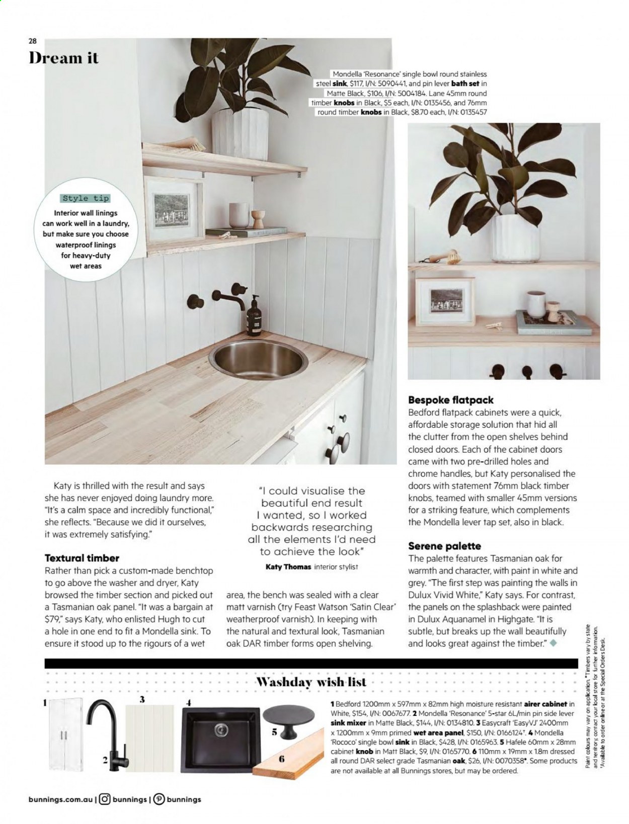 thumbnail - Bunnings Warehouse mailer - 01.02.2021 - 28.02.2021 - Sales products - cabinet, shelves, stainless steel sink, airer, satin sheets, paint, Dulux, door, Hafele. Page 28.