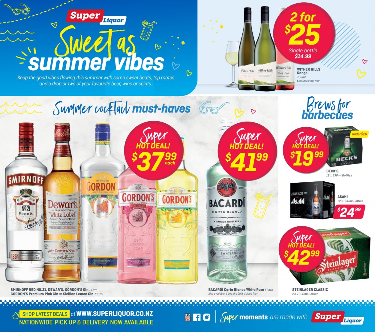 Super Liquor mailer - 01.02.2021 - 14.02.2021 - Sales products - wine, Pinot Noir, Wither Hills, Bacardi, gin, rum, Smirnoff, spiced rum, Gordon's, Beats. Page 1.