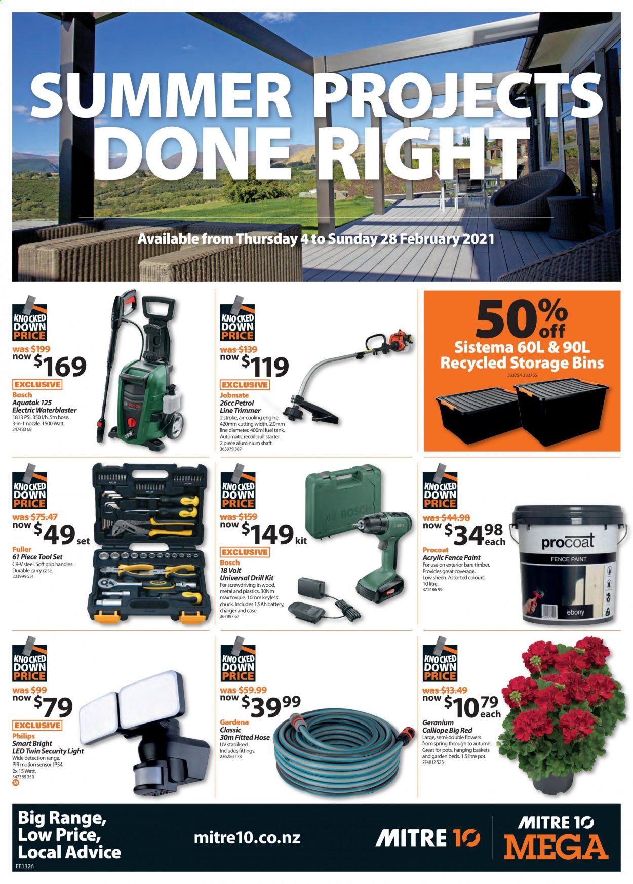 thumbnail - Mitre 10 mailer - 04.02.2021 - 28.02.2021 - Sales products - battery, paint, Bosch, Philips, drill, Gardena, tool set, starter. Page 1.