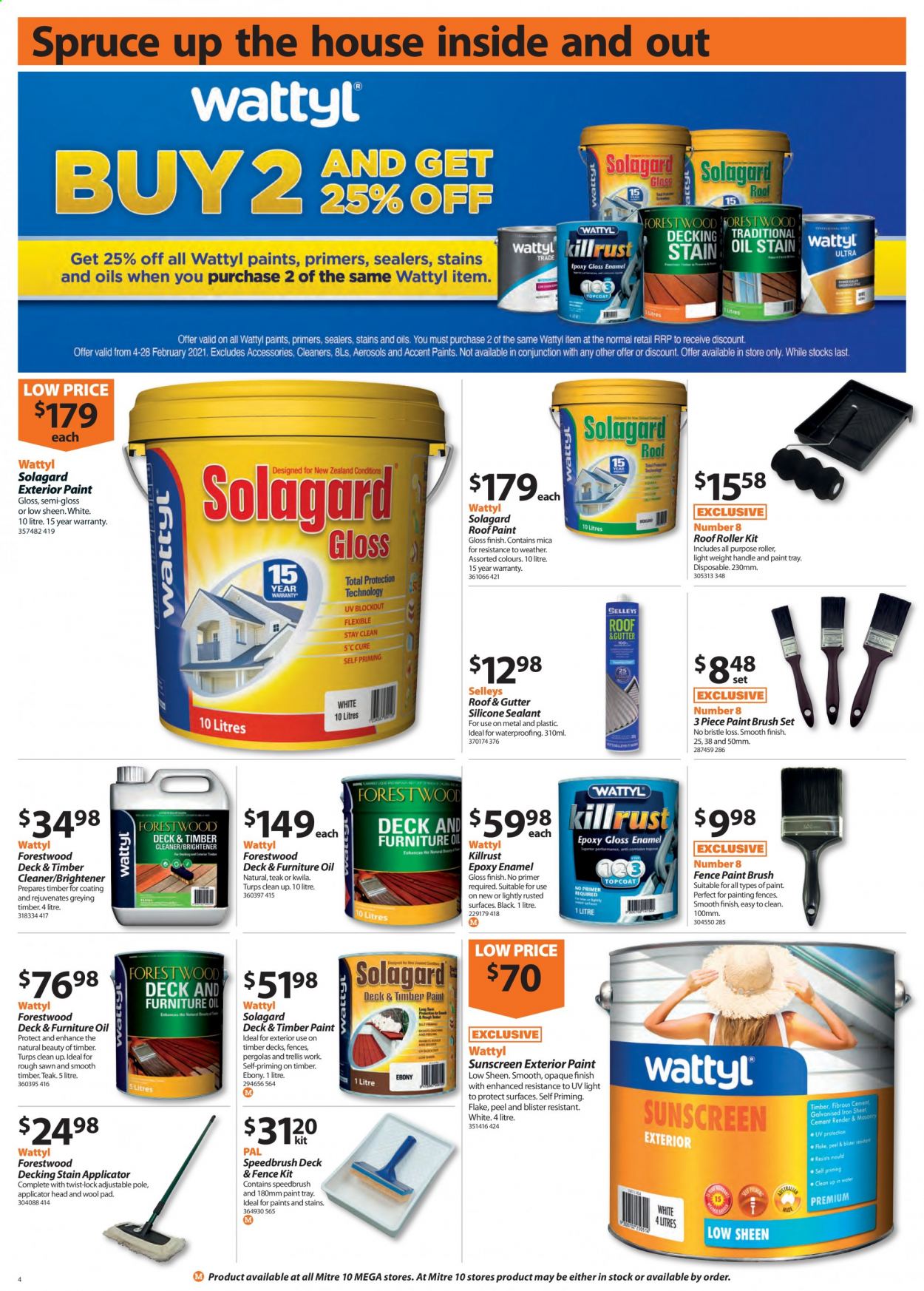thumbnail - Mitre 10 mailer - 04.02.2021 - 28.02.2021 - Sales products - roof paint, silicone sealants, tray, roller, paint brush, decking, brush set, cleaner. Page 4.