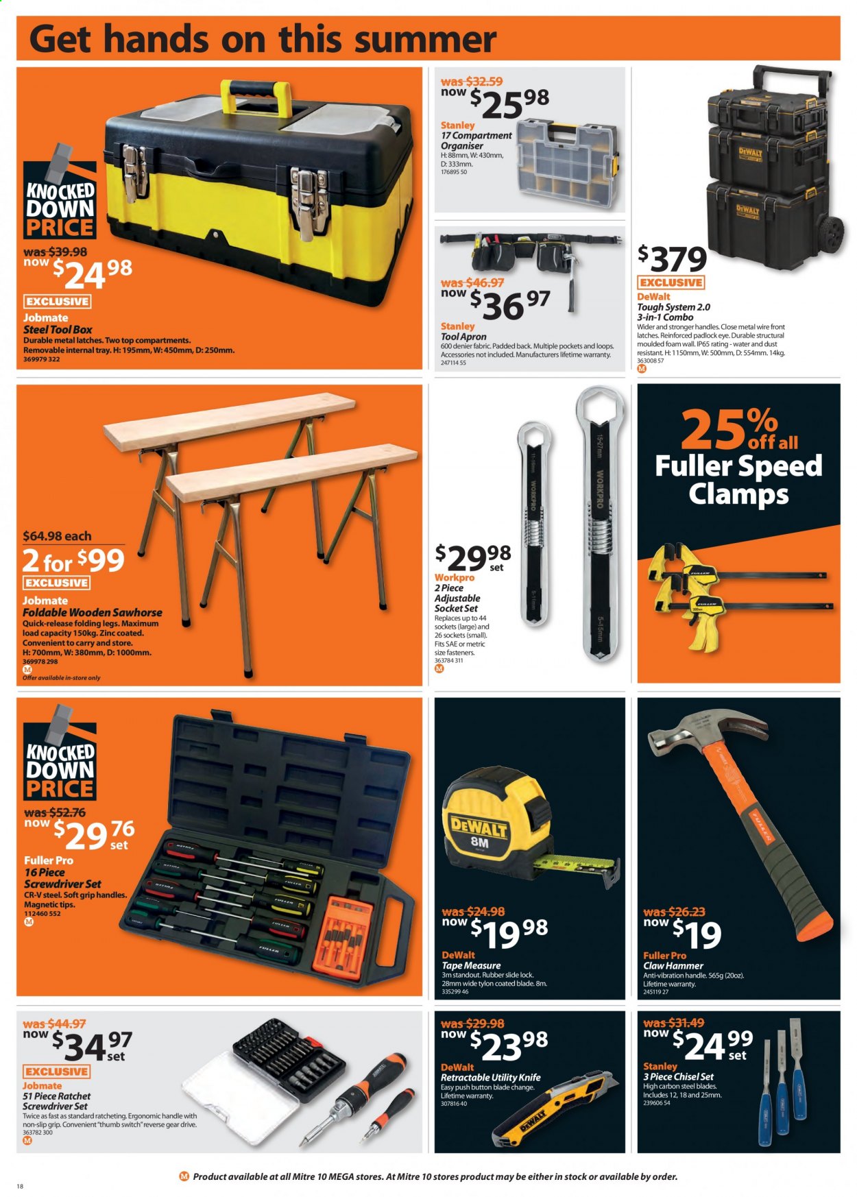 thumbnail - Mitre 10 mailer - 04.02.2021 - 28.02.2021 - Sales products - tray, Stanley, switch, DeWALT, hammer, screwdriver, tool box, socket set, claw hammer, screwdriver set, measuring tape, utility knife. Page 18.