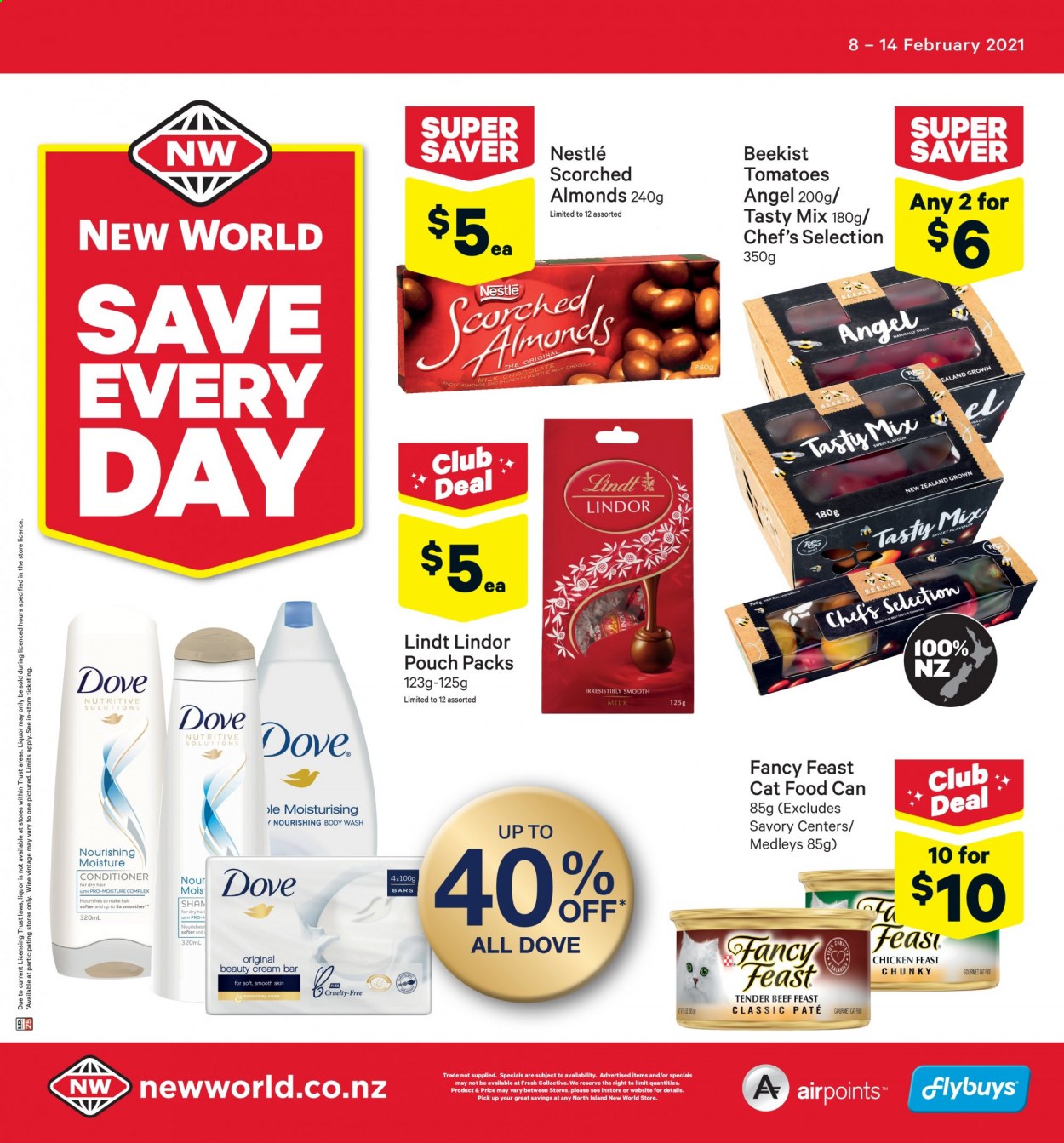 thumbnail - New World mailer - 08.02.2021 - 14.02.2021 - Sales products - tomatoes, milk, Nestlé, Lindt, Lindor, Scorched Almonds, Dove, body wash, conditioner. Page 40.