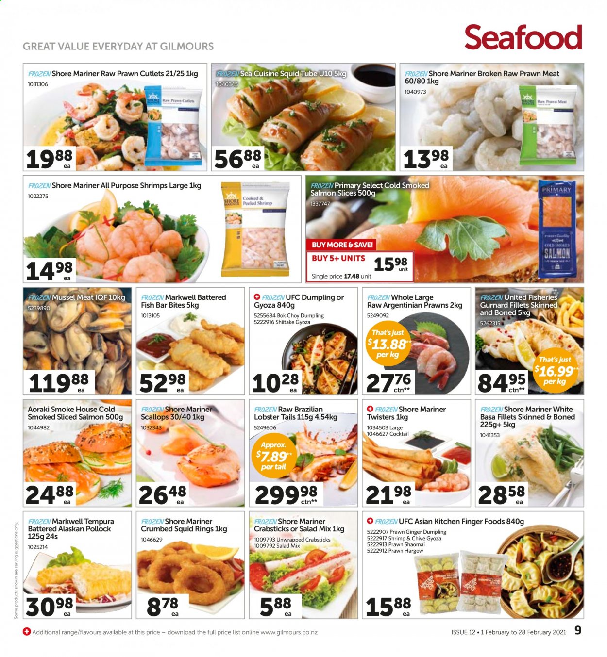thumbnail - Gilmours mailer - 01.02.2021 - 28.02.2021 - Sales products - bok choy, ginger, lobster, mussels, salmon, scallops, shrimps, smoked salmon, squid, pollock, seafood, prawns, fish, lobster tail, Shore Mariner, squid rings, dumplings. Page 9.