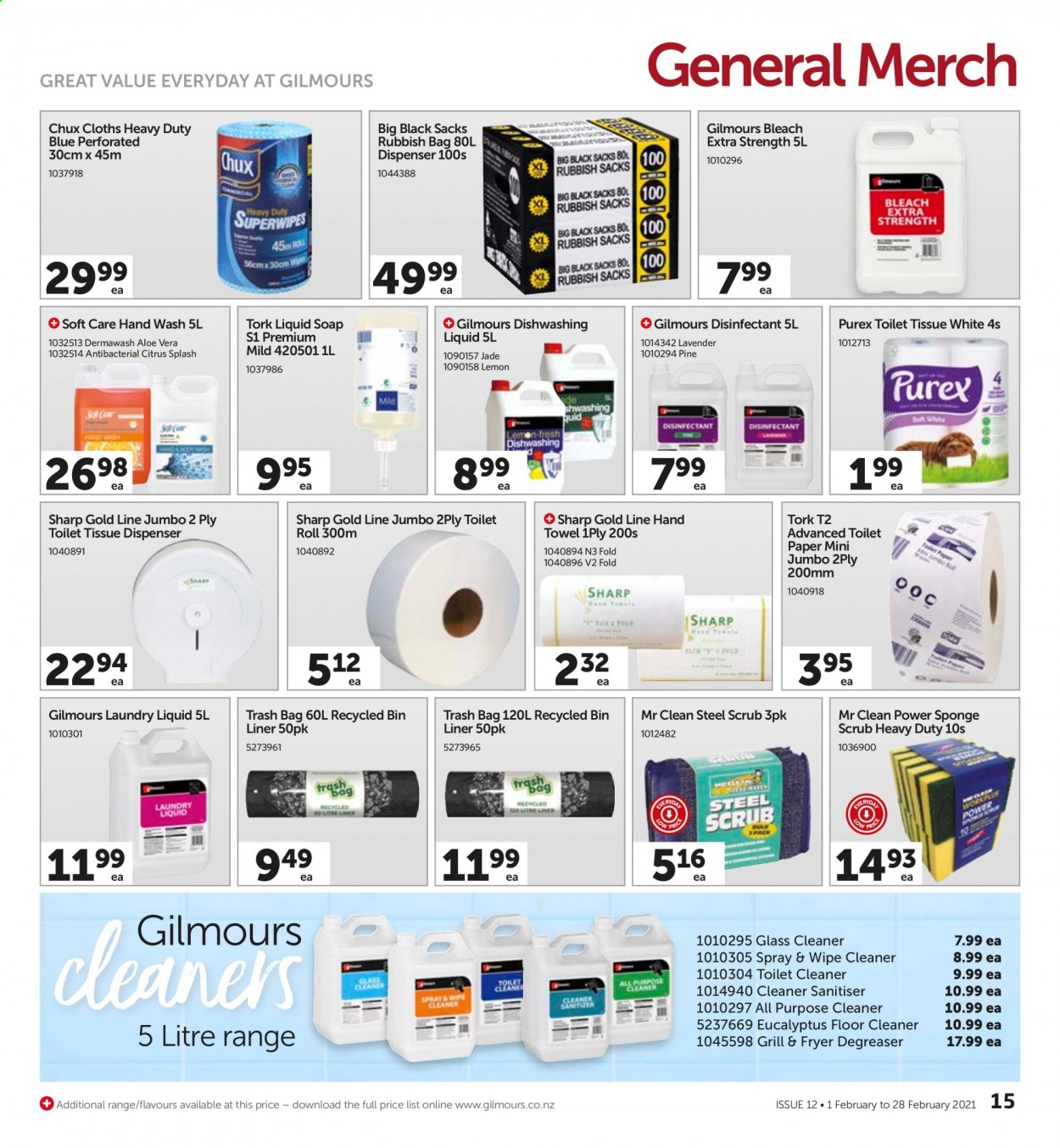 thumbnail - Gilmours mailer - 01.02.2021 - 28.02.2021 - Sales products - toilet paper, tissues, cleaner, desinfection, all purpose cleaner, floor cleaner, toilet cleaner, glass cleaner, bleach, laundry detergent, Purex, dishwashing liquid. Page 15.