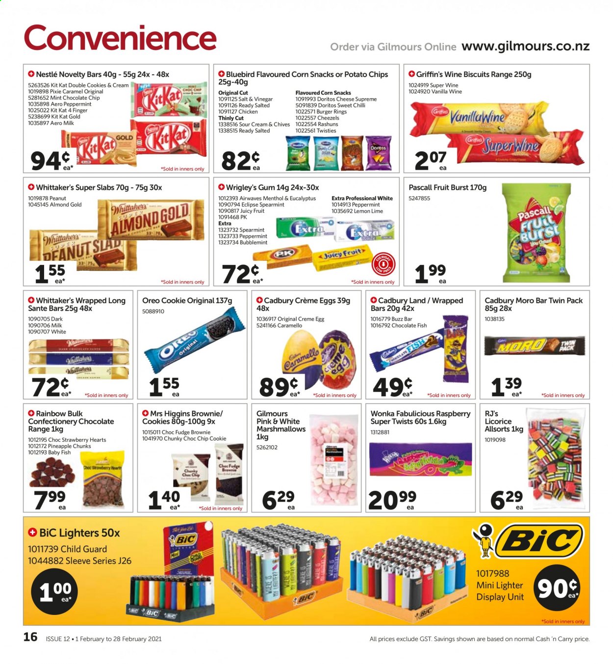 thumbnail - Gilmours mailer - 01.02.2021 - 28.02.2021 - Sales products - brownies, corn, pineapple, fish, hamburger, cheese, Oreo, milk, cookies, fudge, marshmallows, Nestlé, KitKat, biscuit, Cadbury, Griffin's, Whittaker's, Doritos, potato chips, chips, snack, Bluebird, caramel, almonds, peanuts, wine. Page 16.