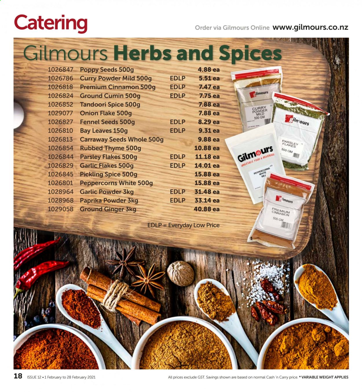 thumbnail - Gilmours mailer - 01.02.2021 - 28.02.2021 - Sales products - fennel, ginger, onion, ground ginger, parsley, herbs, curry powder, cumin, garlic powder, cinnamon. Page 18.