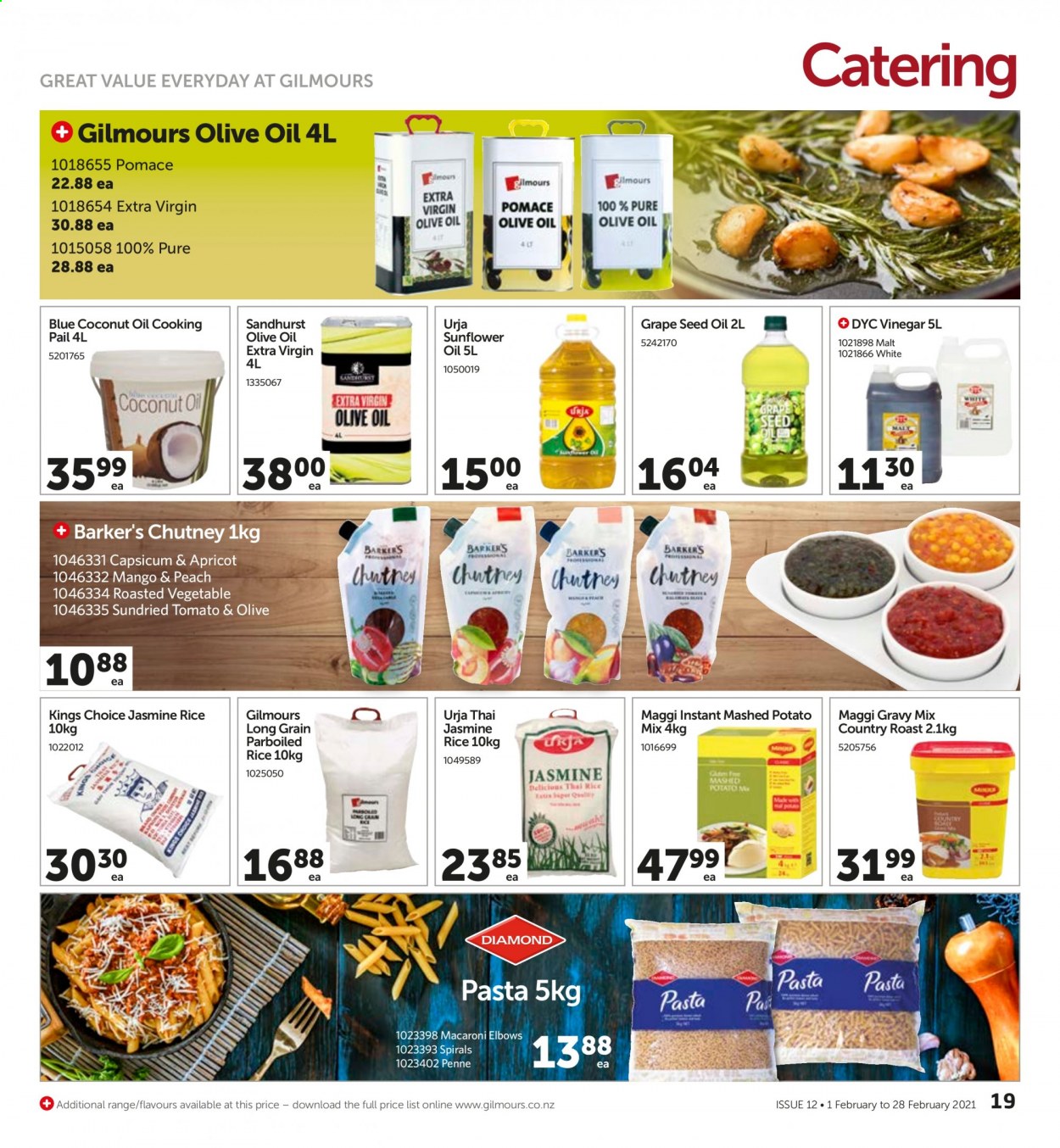 thumbnail - Gilmours mailer - 01.02.2021 - 28.02.2021 - Sales products - capsicum, mango, Maggi, malt, rice, jasmine rice, macaroni, pasta, parboiled rice, penne, gravy mix, chutney, coconut oil, extra virgin olive oil, sunflower oil, vinegar, olive oil, grape seed oil, dried tomatoes. Page 19.