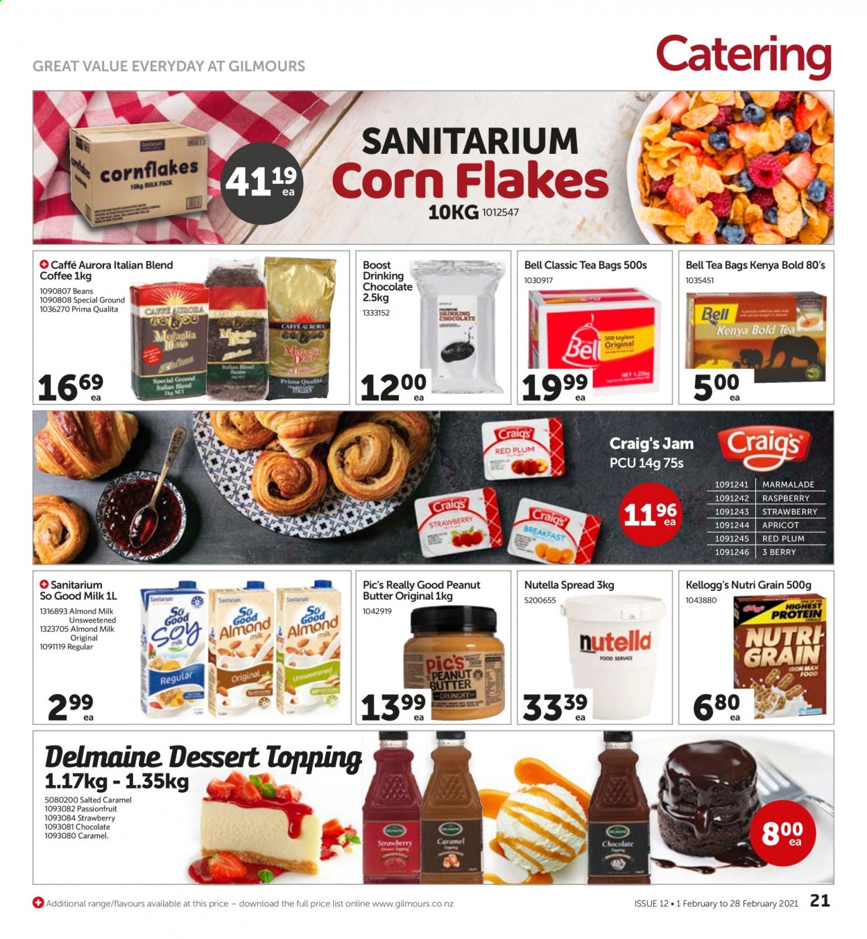 thumbnail - Gilmours mailer - 01.02.2021 - 28.02.2021 - Sales products - red plums, beans, Delmaine, almond milk, Nutella, chocolate, Kellogg's, topping, corn flakes, Nutri-Grain, fruit jam, peanut butter, chocolate drink, Boost, tea bags, coffee. Page 21.