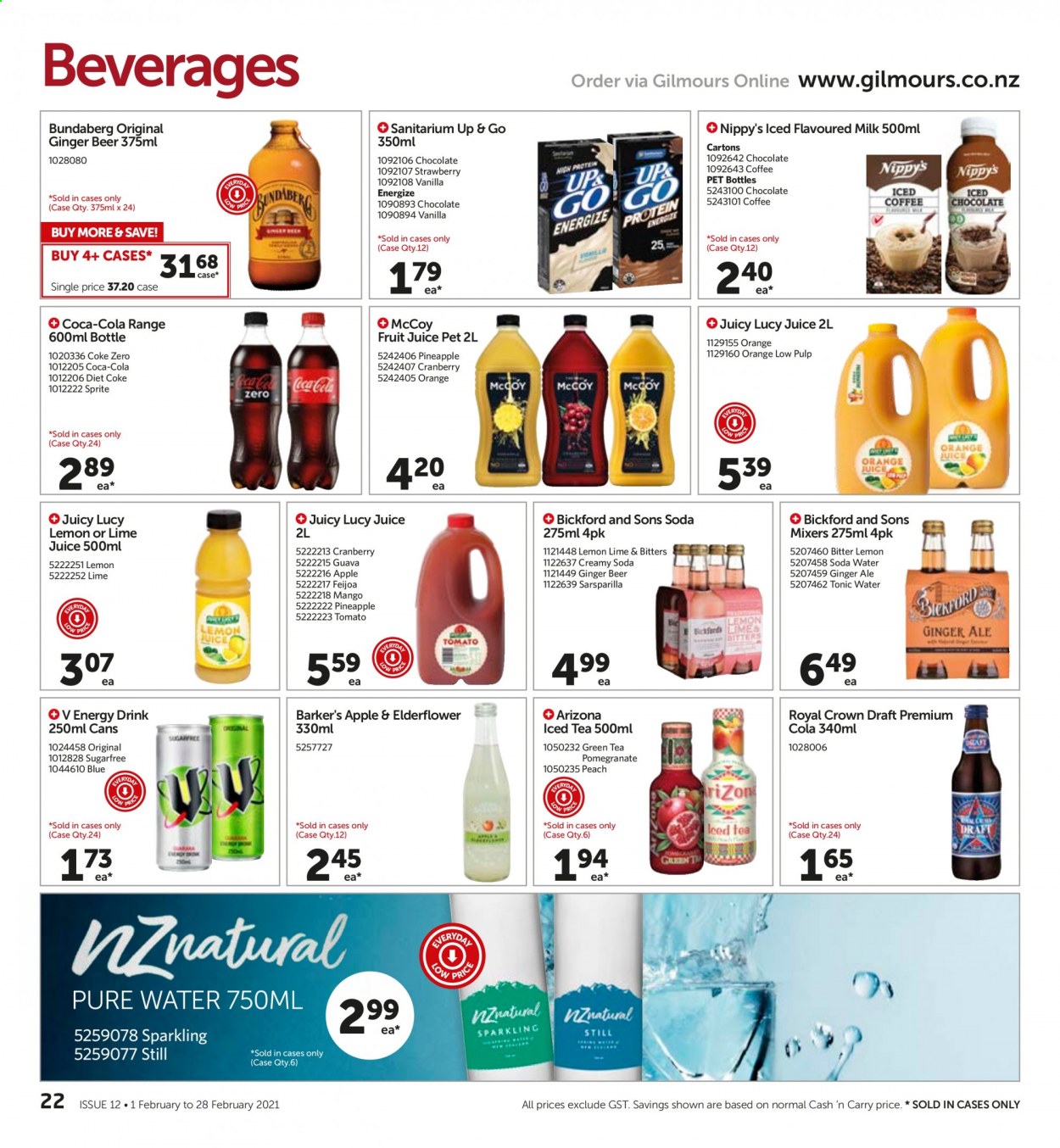 thumbnail - Gilmours mailer - 01.02.2021 - 28.02.2021 - Sales products - ginger beer, guava, mango, pineapple, oranges, pomegranate, milk, flavoured milk, chocolate, ginger ale, Sprite, soda, fruit juice, energy drink, tonic, Diet Coke, Coca-Cola zero, Royal Crown, AriZona, Bundaberg, green tea, coffee, beer. Page 22.
