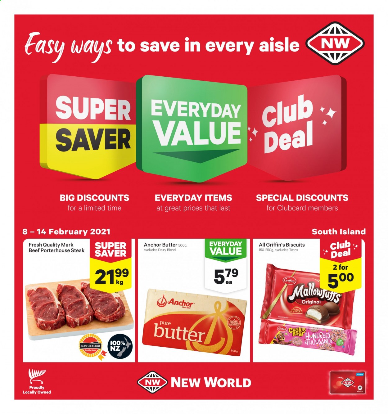 thumbnail - New World mailer - 08.02.2021 - 14.02.2021 - Sales products - dairy blend, butter, biscuit, Griffin's, steak, Anchor. Page 1.