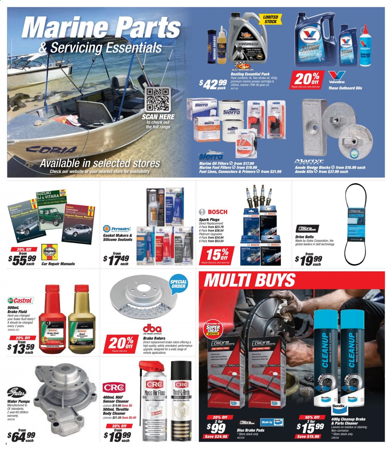 thumbnail - SuperCheap Auto mailer - 11.02.2021 - 21.02.2021 - Sales products - Bosch, water pump, fuel filter, brake pad, spark plugs, oil filter, car repair manuals, brake rotors, Gulf Western Oil, silicone sealants, cleaner, Valvoline, Castrol, brake fluid. Page 4.