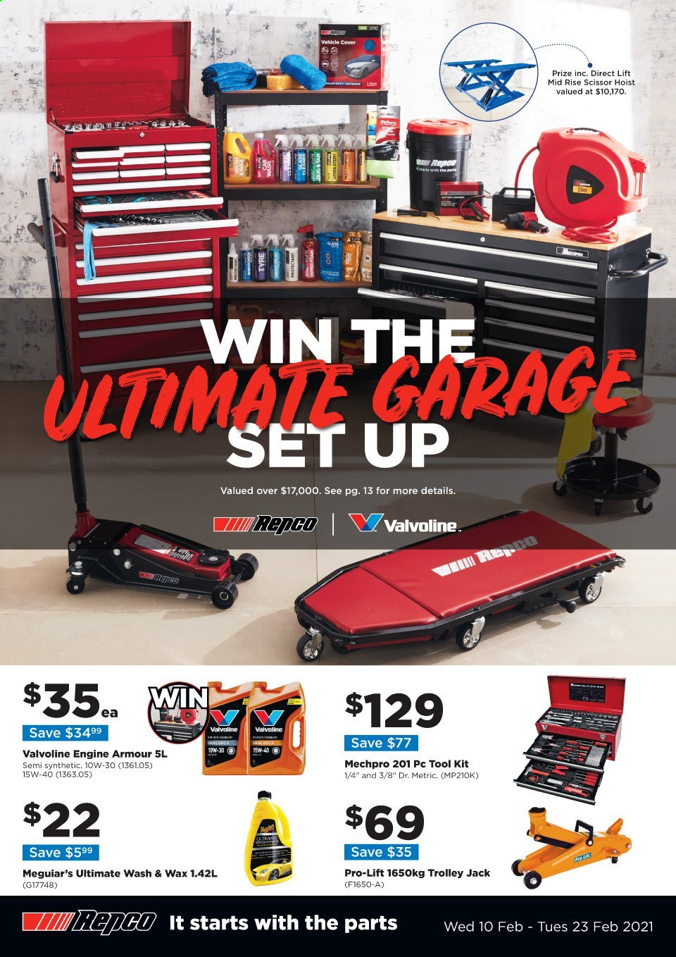 thumbnail - Repco mailer - 10.02.2021 - 23.02.2021 - Sales products - Valvoline, Engine Armour, trolley, scissors, tool set. Page 1.