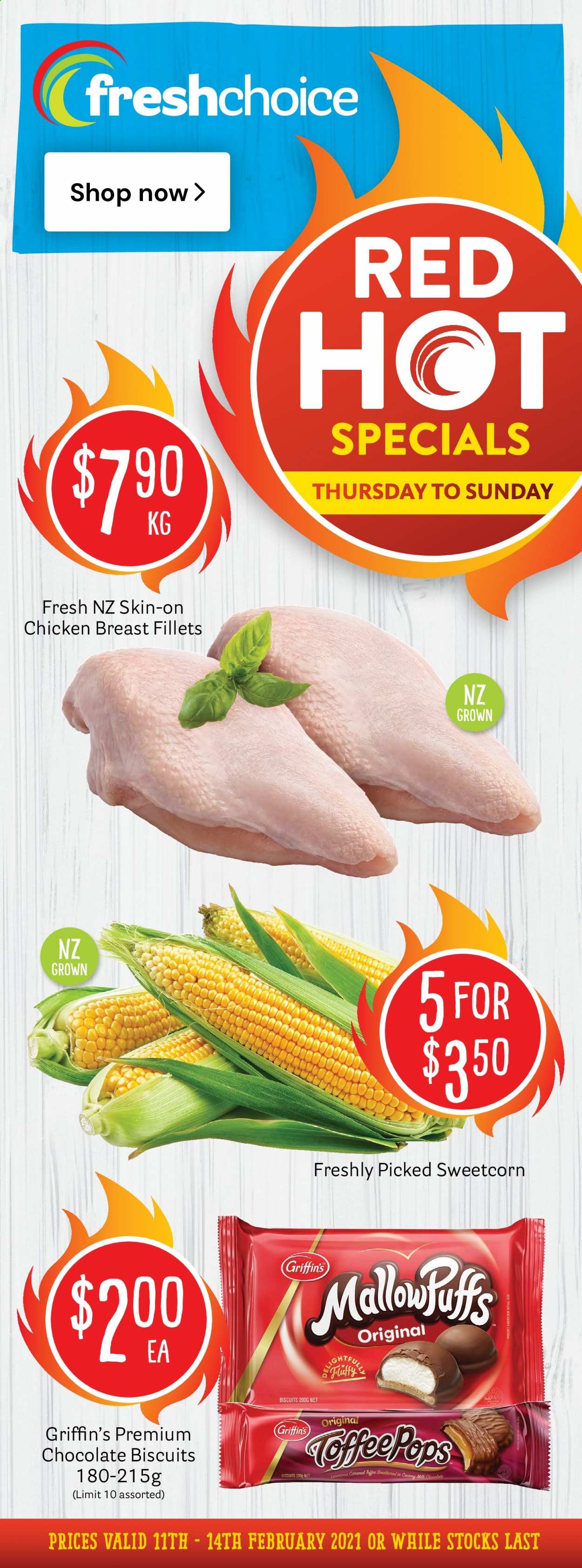 thumbnail - Fresh Choice mailer - 11.02.2021 - 14.02.2021 - Sales products - chocolate, biscuit, MallowPuffs, Griffin's, chicken breasts. Page 1.