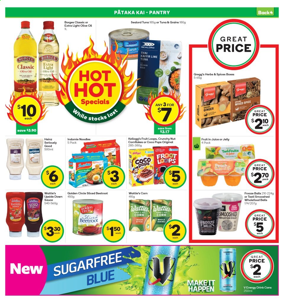 thumbnail - Countdown mailer - 15.02.2021 - 21.02.2021 - Sales products - corn, ginger, beetroot juice, tuna, Sealord, sauce, Wattie's, jelly, Kellogg's, Heinz, sealord tuna, corn flakes, coco pops, brown rice, rice, Borges, noodles, herbs, tomato sauce, olive oil, juice, energy drink. Page 10.