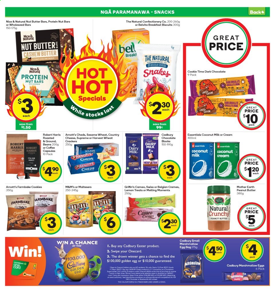 thumbnail - Countdown mailer - 15.02.2021 - 21.02.2021 - Sales products - beans, cheese, eggs, cookies, marshmallows, chocolate, M&M's, crackers, biscuit, dark chocolate, Maltesers, Cadbury, Griffin's, Mother Earth, Dairy Milk, snack, Harris, coconut milk, nut bar, belVita, peanut butter, cashew cream, nut butter, coffee, coffee capsules, Moments. Page 14.