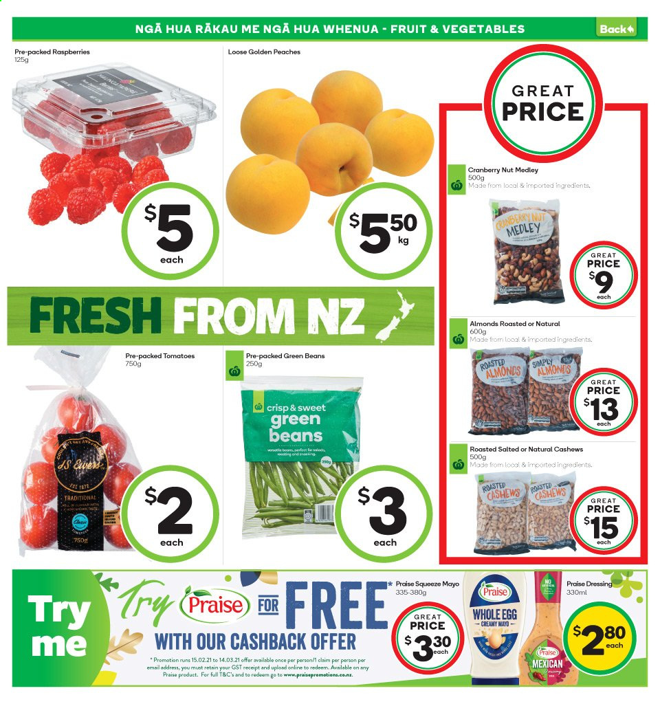thumbnail - Countdown mailer - 15.02.2021 - 21.02.2021 - Sales products - green beans, raspberries, beans, tomatoes, peaches, eggs, mayonnaise, dressing, almonds, cashews. Page 18.
